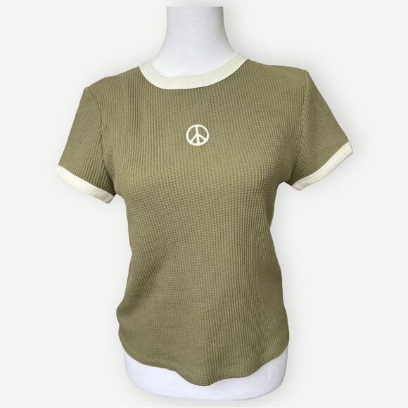 SO Girls Short Sleeve Waffle Knit Peace Sign Ringer Tee. Youth Large. NEW. - Picture 1 of 8